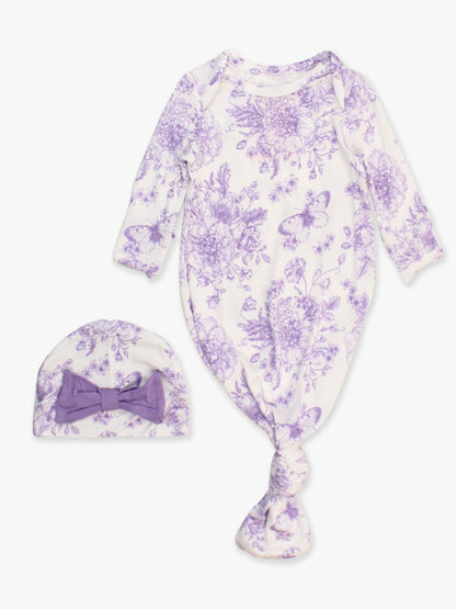 Newborn Purple Toile Bamboo Knotted Gown Set