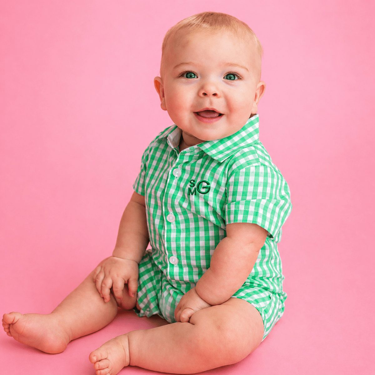 RuggedButts Baby Boys Green Gingham Button-Up Romper | CeCe's Home & Gifts