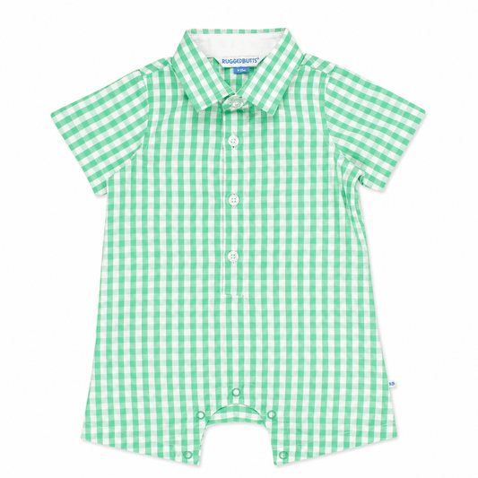 RuggedButts Baby Boys Green Gingham Woven Button - Up Romper | CeCe's Home & Gifts