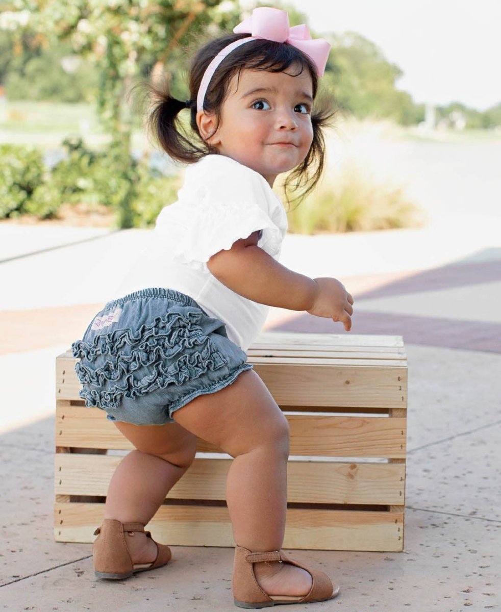 RuffleButts Baby Light Wash Woven Rufflebutt Bloomer | CeCe's Home & Gifts