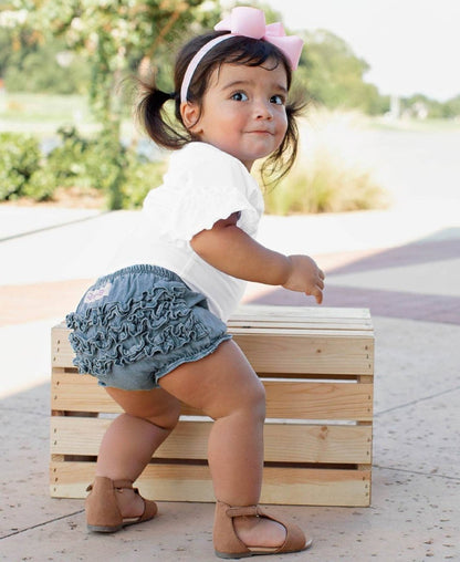 RuffleButts Baby Light Wash Woven Rufflebutt Bloomer | CeCe's Home & Gifts
