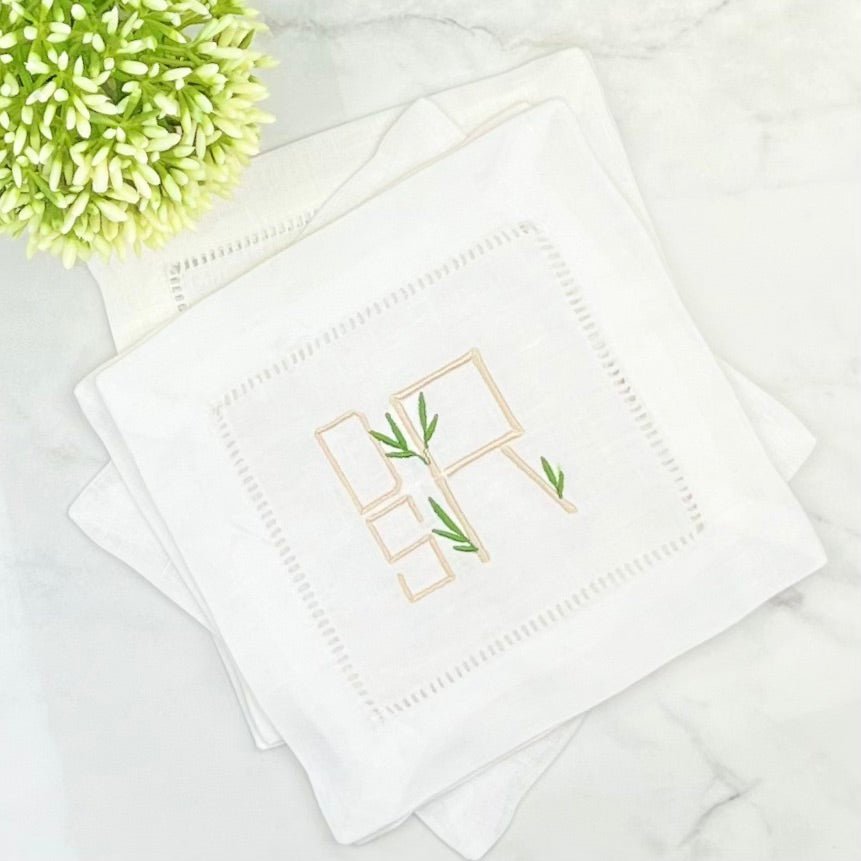 Bamboo Design Monogram Linen Cocktail Napkin - CeCe's Home & Gifts