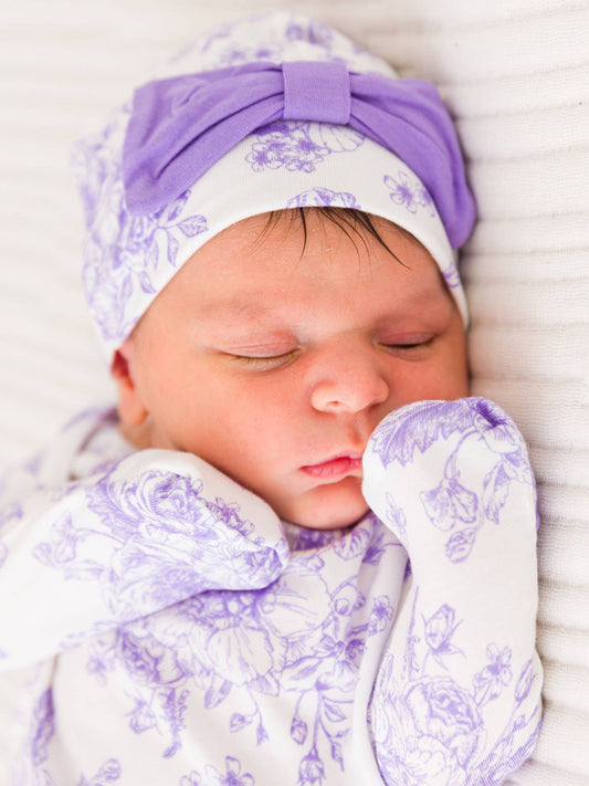 Newborn Purple Toile Bamboo Knotted Gown Set