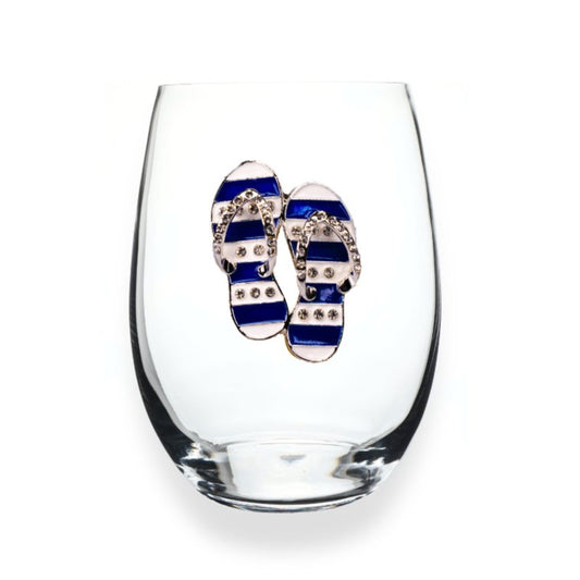 Blue & White Flip Flop Jeweled Stemless Glassware - CeCe's Home & Gifts