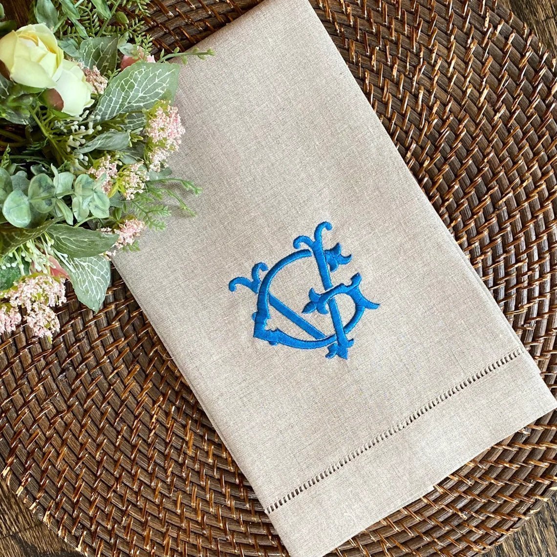 Design by Shuler Studio Chic Monogrammed Natural Linen Tea Towel - 2 Colors | CeCe's Home & Gifts