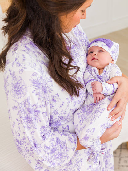 Newborn Purple Toile Bamboo Knotted Gown Set