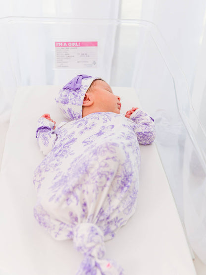 Newborn Purple Toile Bamboo Knotted Gown Set