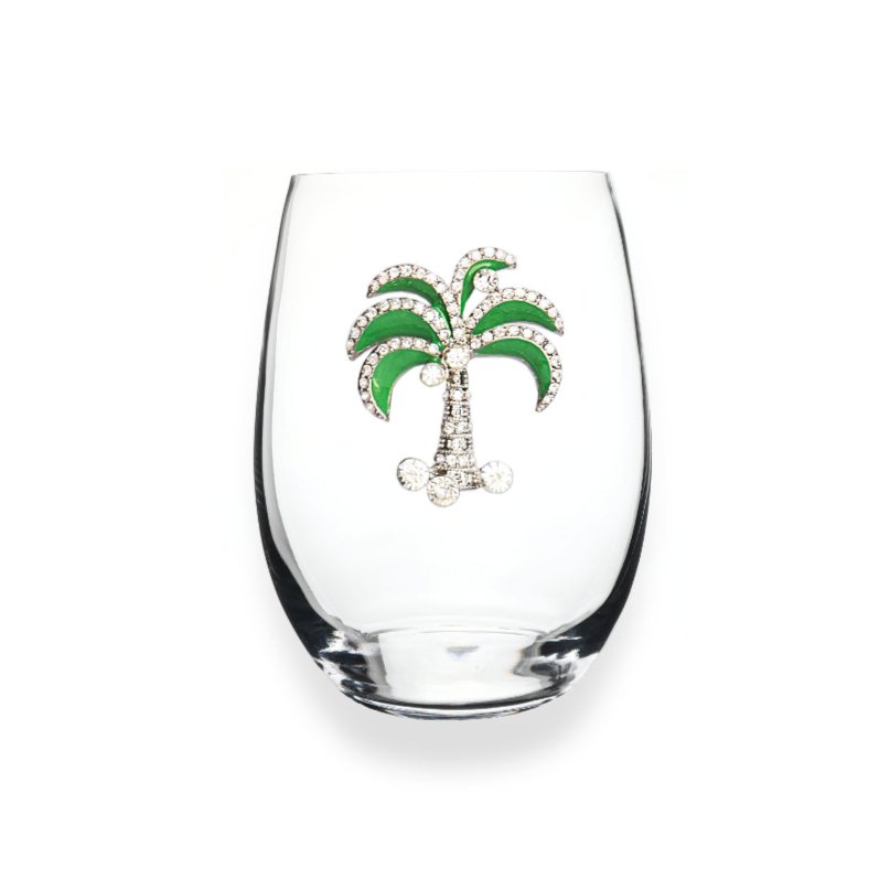 Green Diamond Palm Tree Jeweled Stemless Glassware - CeCe's Home & Gifts