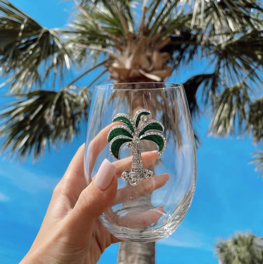 Green Diamond Palm Tree Jeweled Stemless Glassware - CeCe's Home & Gifts