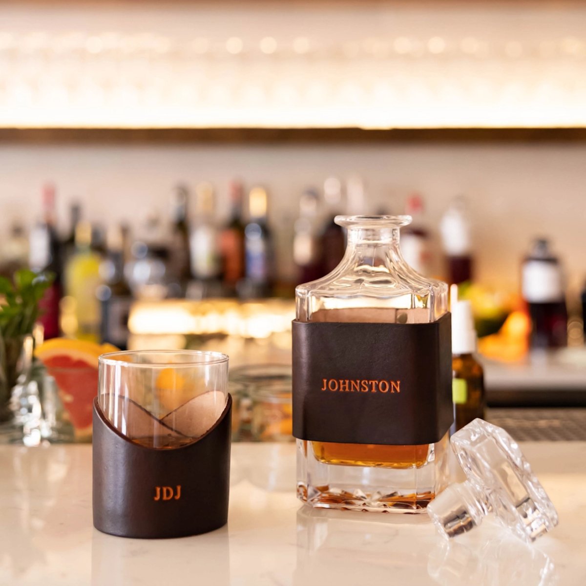 Lindy Leather Handcrafted Leather Decanter | CeCe's Home & Gifts