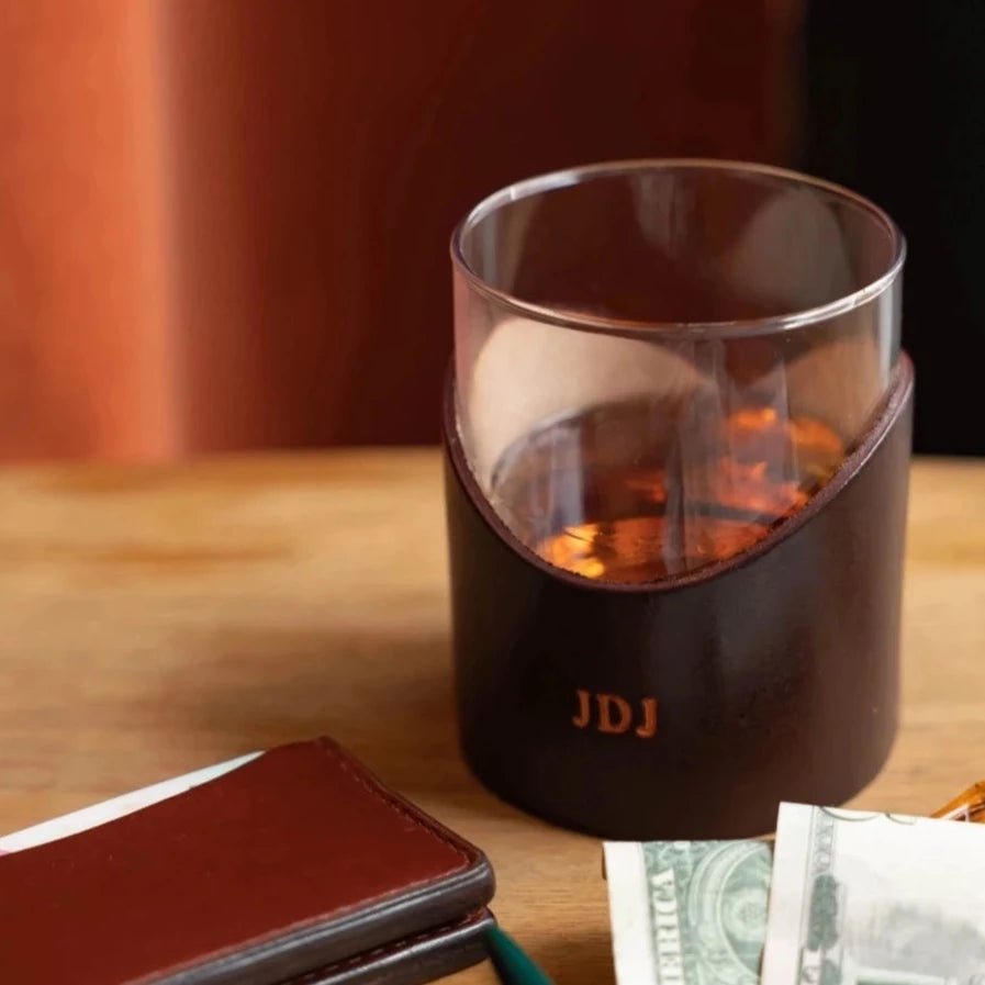 Lindy Leather Handcrafted Leather Rocks Glass | CeCe's Home & Gifts