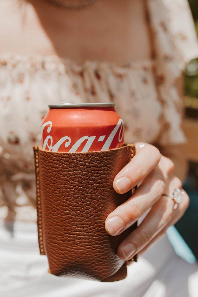 Lindy Leather Handcrafted Leather Slim Can Koozie | CeCe's Home & Gifts