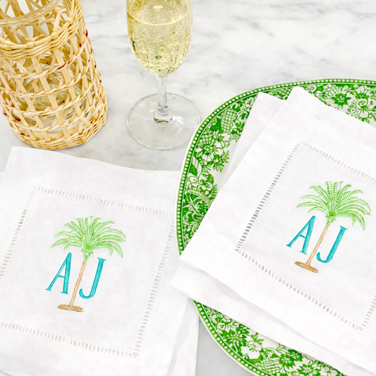 Palm Tree Monogram Linen Cocktail Napkin