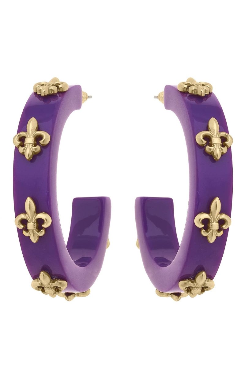 Canvas Style Mardi Gras Fleur De Lis Resin Hoop Earrings | CeCe's Home & Gifts
