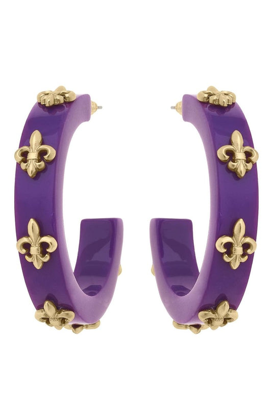 Canvas Style Mardi Gras Fleur De Lis Resin Hoop Earrings | CeCe's Home & Gifts