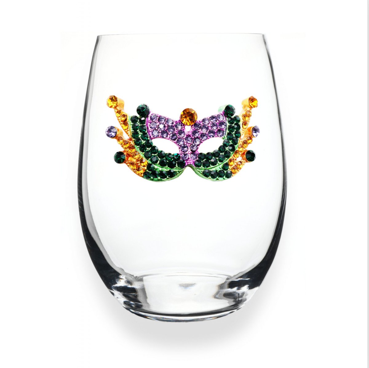 The Queens' Jewels Mardi Gras Mask Jeweled Stemless Glassware | CeCe's Home & Gifts
