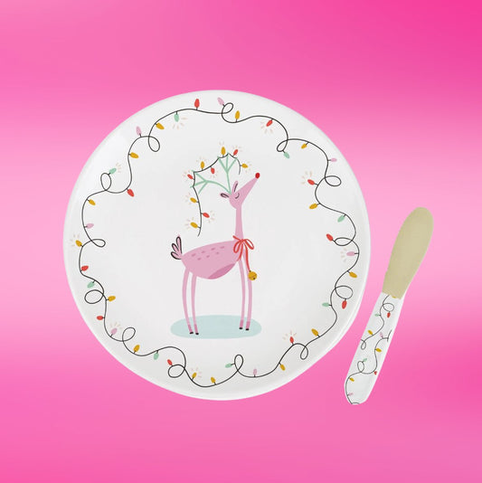 Mary Square Pink Reindeer Platter with Spreader - CeCe's Home & Gifts