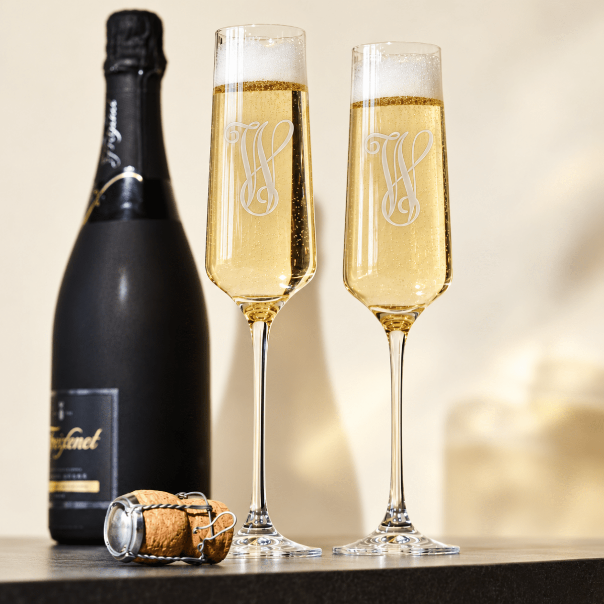 Viski Monogram Reserve Inez European Crystal Champagne Flutes | CeCe's Home & Gifts