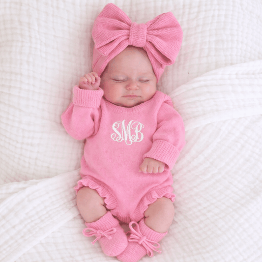 Levi & Jane Monogrammed Baby Ruffle Knit Romper - Bright Pink | CeCe's Home & Gifts