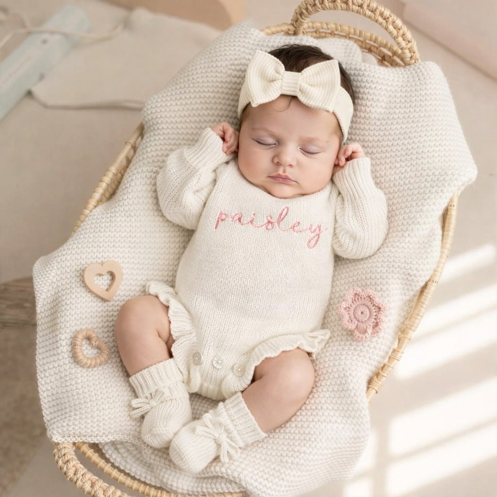 Levi & Jane Monogrammed Baby Ruffle Knit Romper - Ivory | CeCe's Home & Gifts