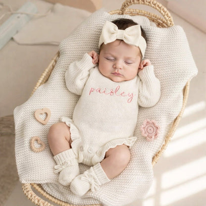 Levi & Jane Monogrammed Baby Ruffle Knit Romper - Ivory | CeCe's Home & Gifts