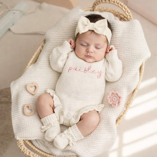 Levi & Jane Monogrammed Baby Ruffle Knit Romper - Ivory | CeCe's Home & Gifts