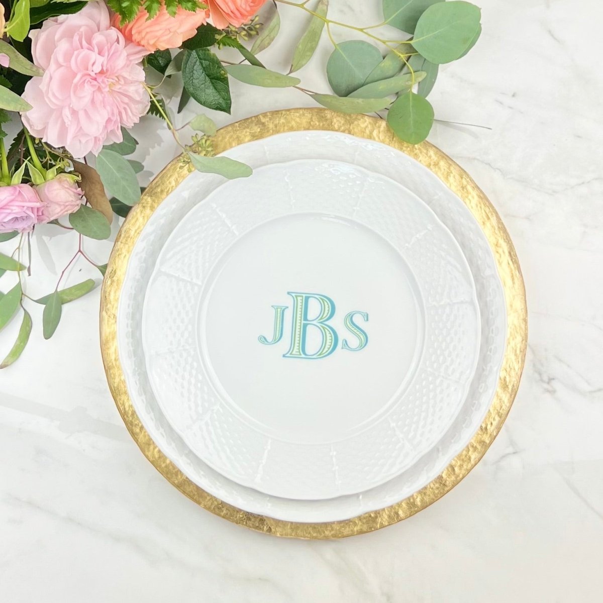 Monogrammed Basket-Weave Porcelain Dinnerware - CeCe's Home & Gifts