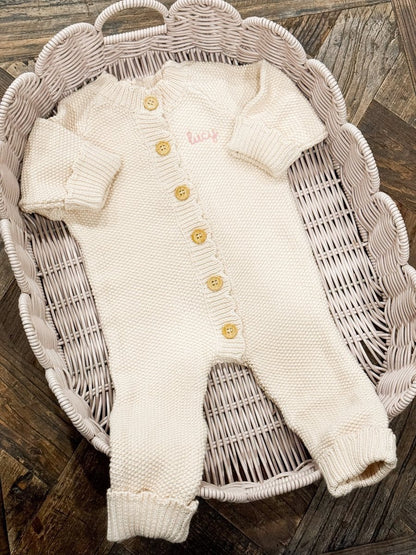 Levi & Jane Monogrammed Cable Knit Romper (0-6M) | CeCe's Home & Gifts