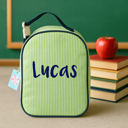 Oh Mint! Monogrammed Grasshopper Seersucker Gumdrop Lunchbox | CeCe's Home & Gifts