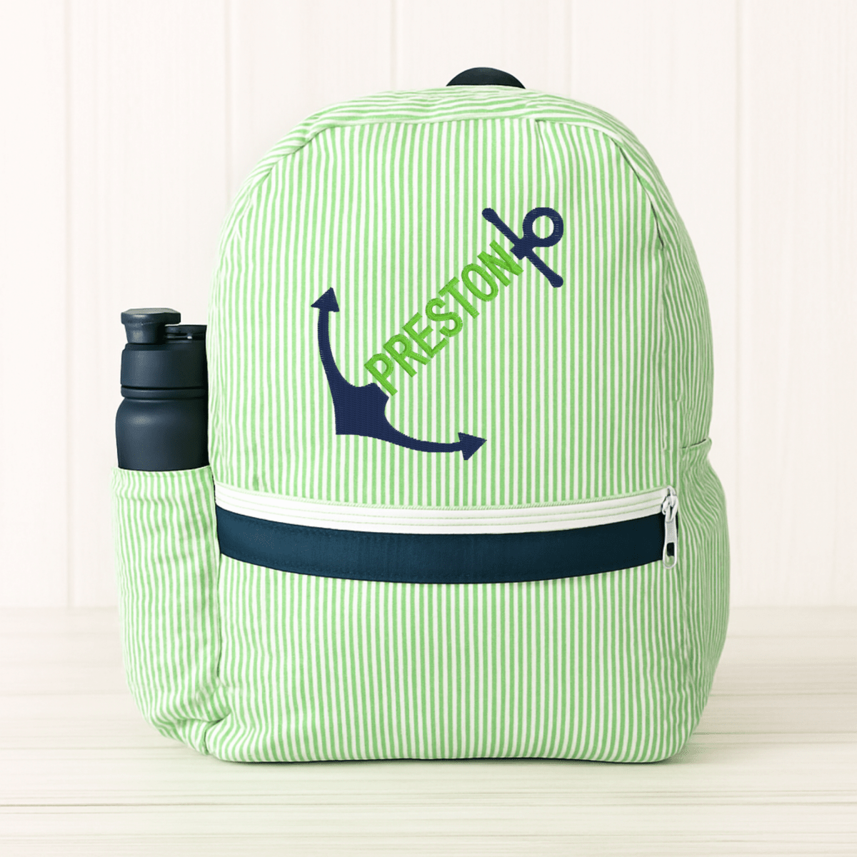 Oh Mint! Monogrammed Grasshopper Seersucker Medium Backpack | CeCe's Home & Gifts