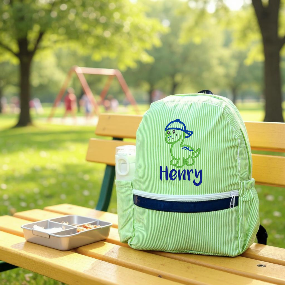Oh Mint! Monogrammed Grasshopper Seersucker Medium Backpack | CeCe's Home & Gifts