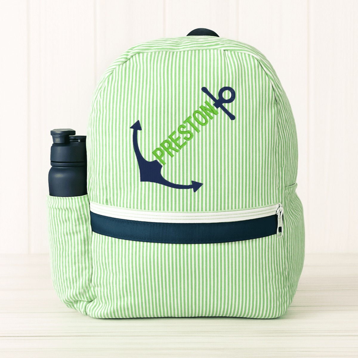 Oh Mint! Monogrammed Grasshopper Seersucker Medium Backpack | CeCe's Home & Gifts