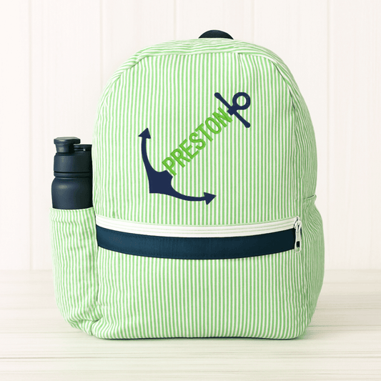 Oh Mint! Monogrammed Grasshopper Seersucker Medium Backpack | CeCe's Home & Gifts