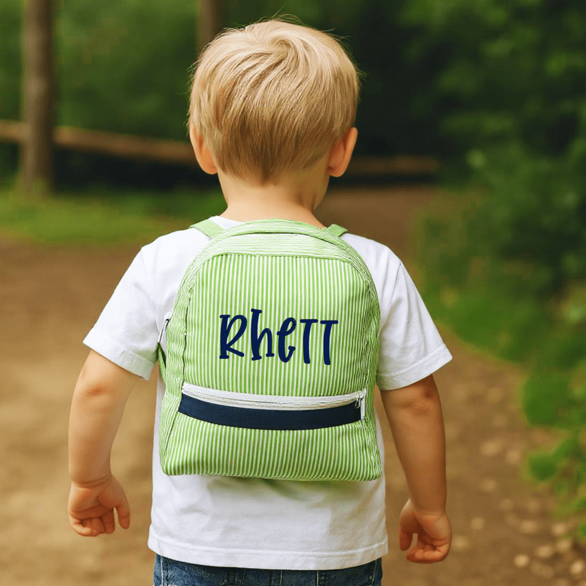Oh Mint! Monogrammed Grasshopper Seersucker Small Backpack | CeCe's Home & Gifts