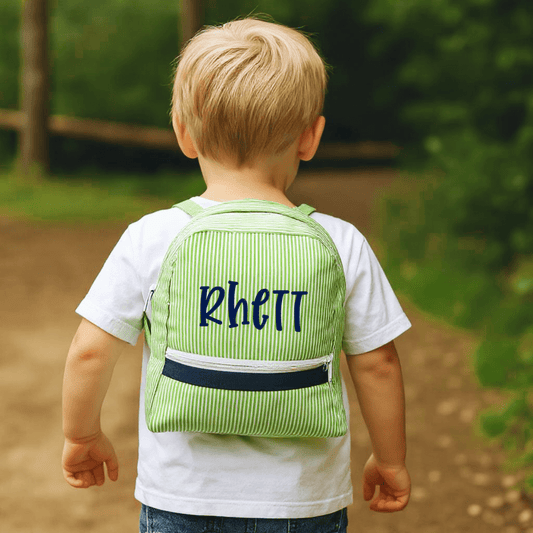 Oh Mint! Monogrammed Grasshopper Seersucker Small Backpack | CeCe's Home & Gifts