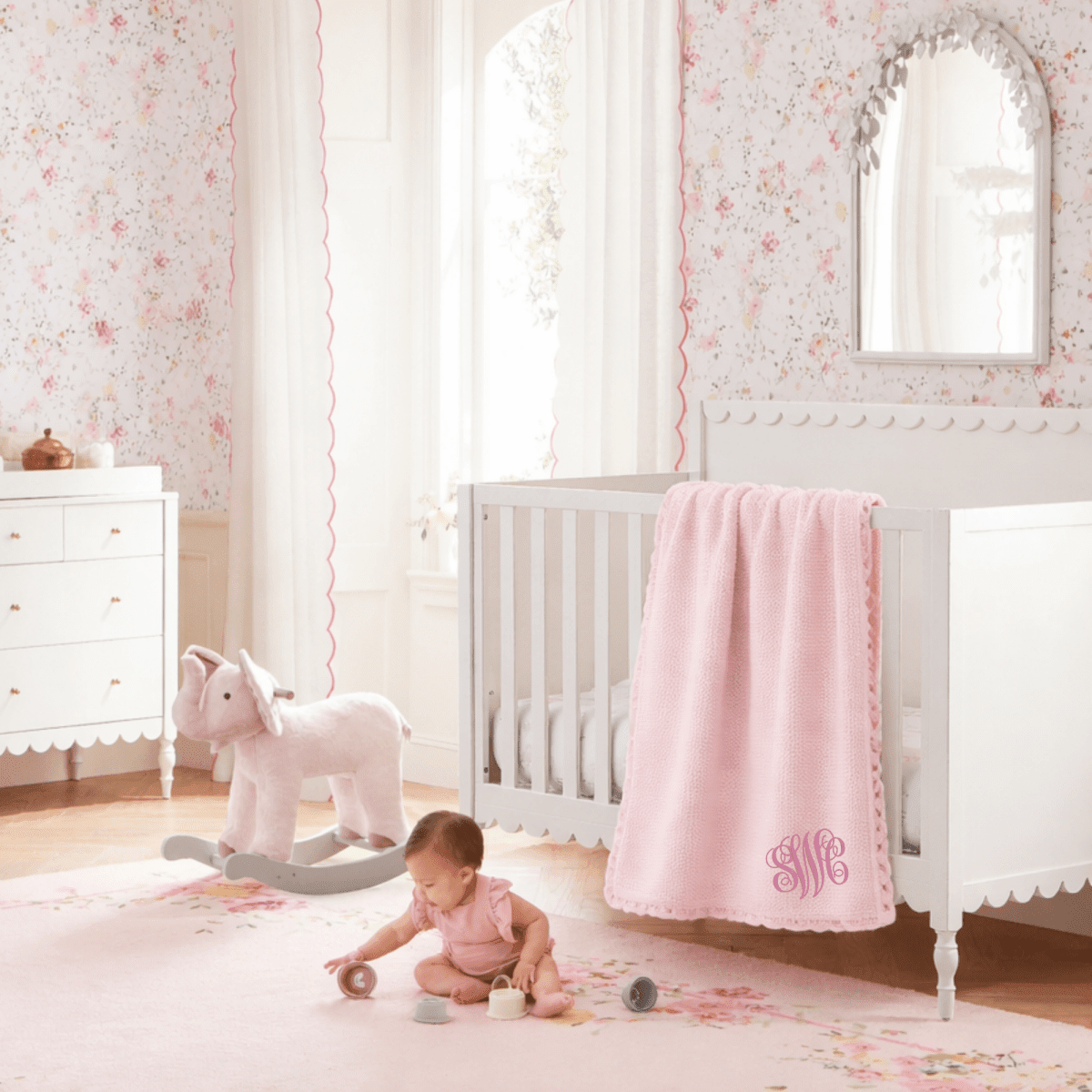 Doodlebugs by CeCe Monogrammed Light Pink Scallop Edge Knit Blanket | CeCe's Home & Gifts