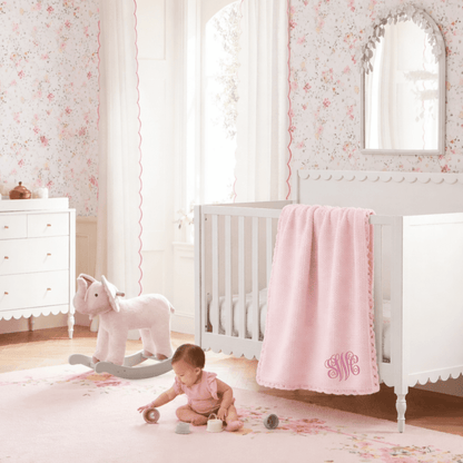 Doodlebugs by CeCe Monogrammed Light Pink Scallop Edge Knit Blanket | CeCe's Home & Gifts