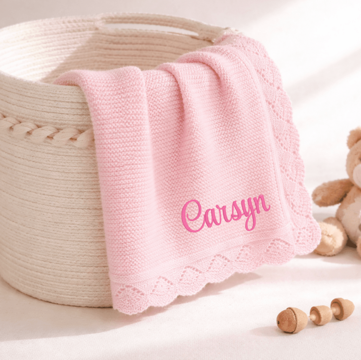 Doodlebugs by CeCe Monogrammed Light Pink Scallop Edge Knit Blanket | CeCe's Home & Gifts