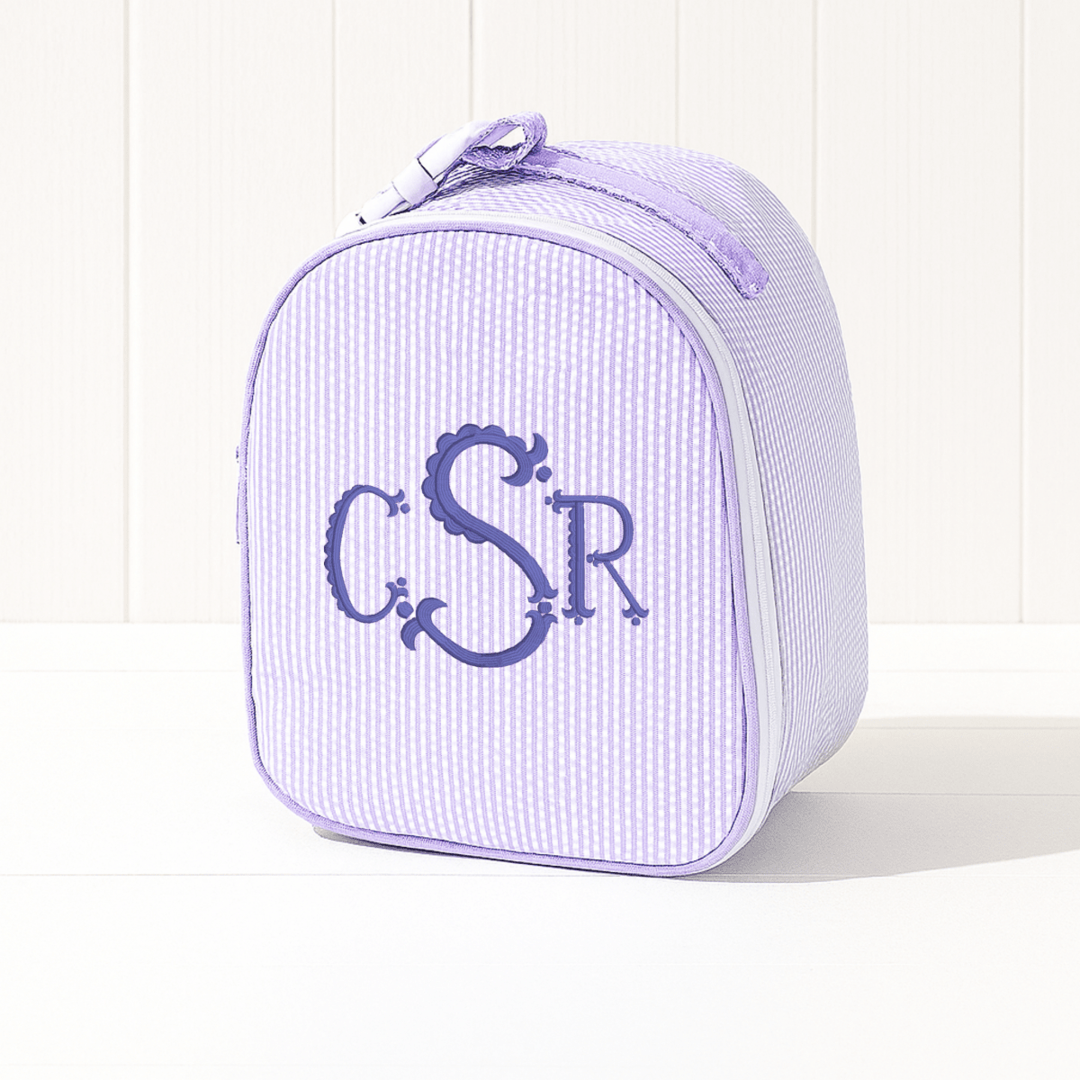Oh Mint! Monogrammed Lilac Seersucker Gumdrop Lunchbox | CeCe's Home & Gifts