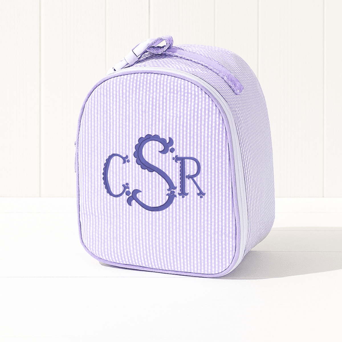 Oh Mint! Monogrammed Lilac Seersucker Gumdrop Lunchbox | CeCe's Home & Gifts