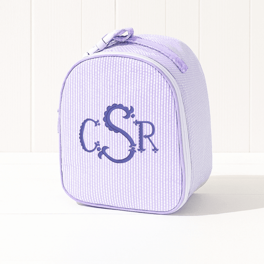 Oh Mint! Monogrammed Lilac Seersucker Gumdrop Lunchbox | CeCe's Home & Gifts