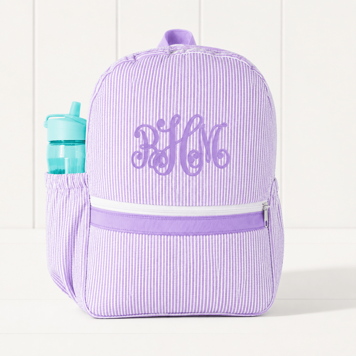 Oh Mint! Monogrammed Lilac Seersucker Medium Backpack | CeCe's Home & Gifts
