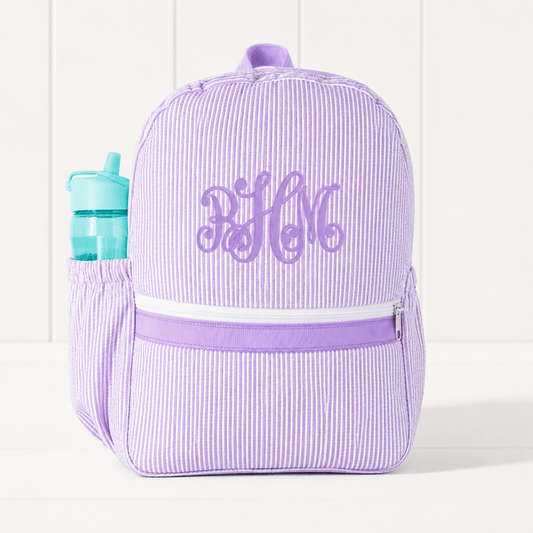 Oh Mint! Monogrammed Lilac Seersucker Medium Backpack | CeCe's Home & Gifts