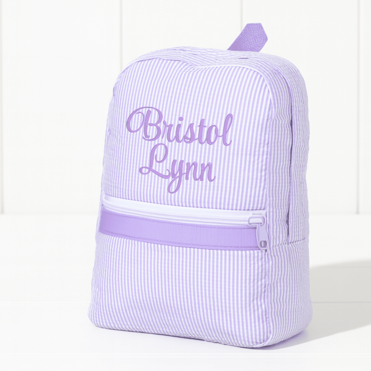 Oh Mint! Monogrammed Lilac Seersucker Small Backpack | CeCe's Home & Gifts