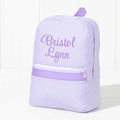 Oh Mint! Monogrammed Lilac Seersucker Small Backpack | CeCe's Home & Gifts
