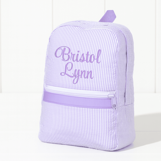 Oh Mint! Monogrammed Lilac Seersucker Small Backpack | CeCe's Home & Gifts