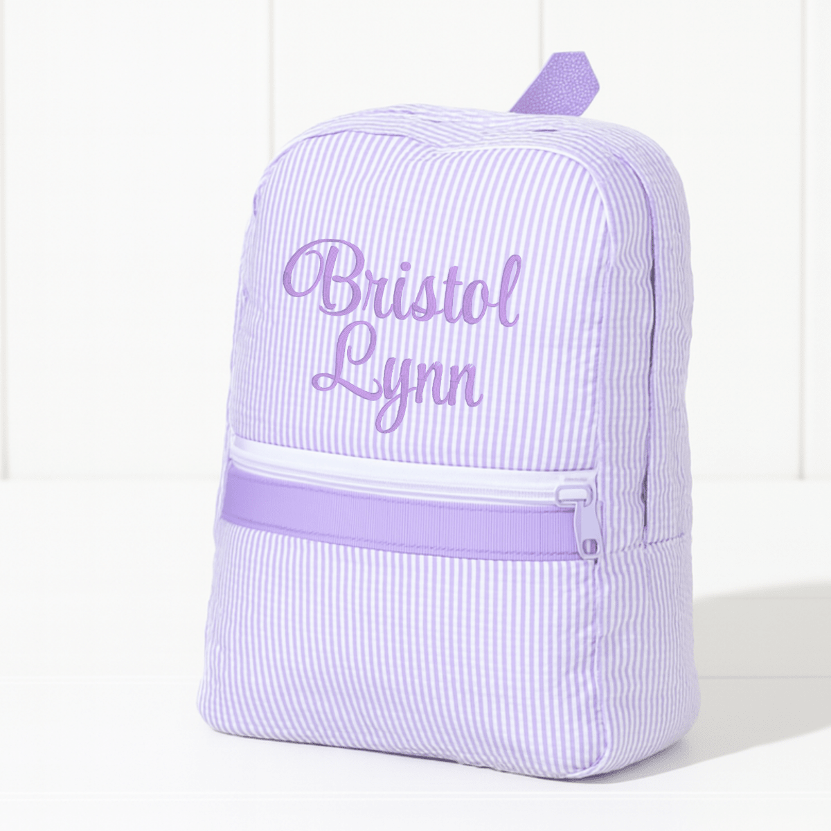 Oh Mint! Monogrammed Lilac Seersucker Small Backpack | CeCe's Home & Gifts