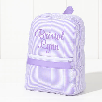 Oh Mint! Monogrammed Lilac Seersucker Small Backpack | CeCe's Home & Gifts