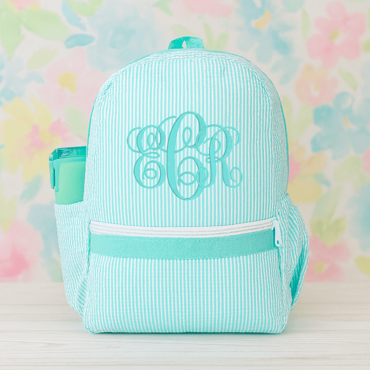 Oh Mint! Monogrammed Mint Seersucker Medium Backpack | CeCe's Home & Gifts