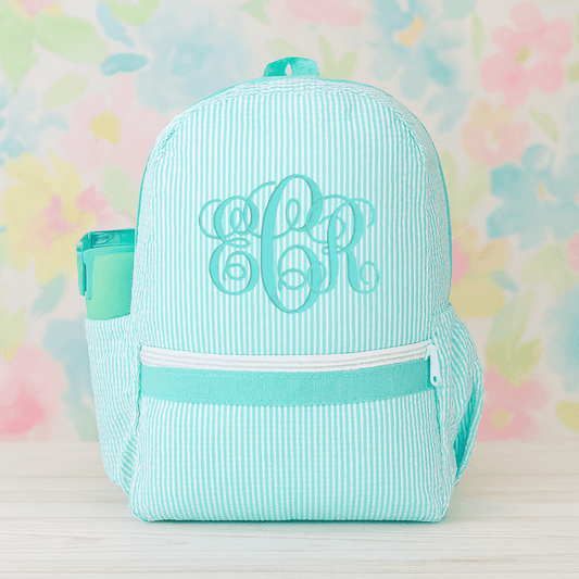 Oh Mint! Monogrammed Mint Seersucker Medium Backpack | CeCe's Home & Gifts